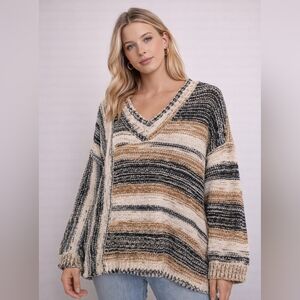 POL Oversized Soft Stripe V-Neck Knit Sweater | Slouchy Fit - NEW
